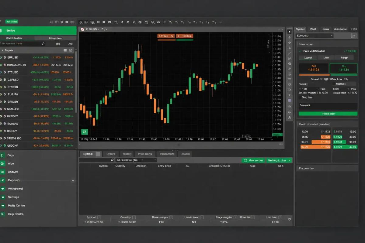 cTrader desktop platform interface showing chart workspace with watchlist charting area and order panel