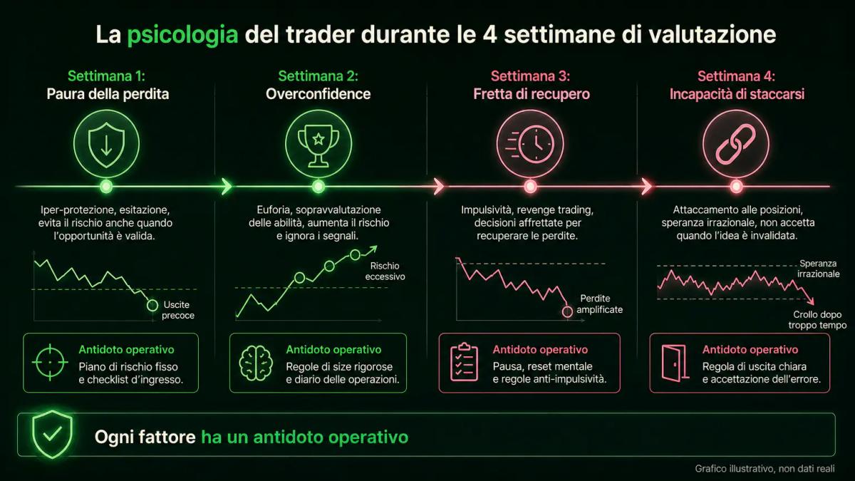 Quattro fasi di una challenge con i fattori psicologici che colpiscono in ogni momento