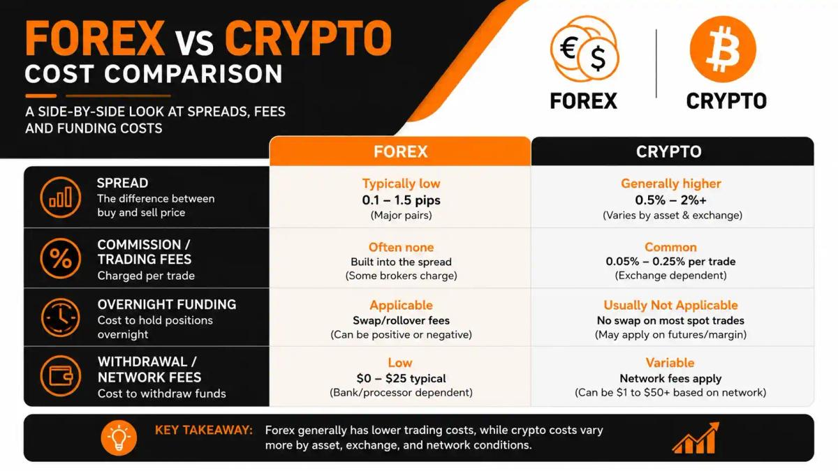 Comparison table of spreads, fees, and funding costs for forex versus crypto
