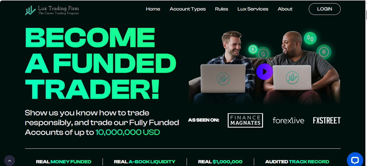 Lux Trading Firm homepage hero with evaluation and INSTA funding programs