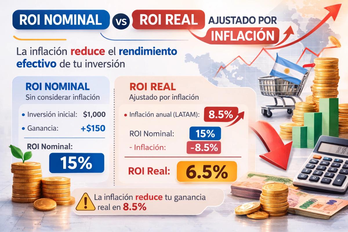 Comparación entre ROI nominal y ROI real ajustado por inflación con cifras representativas para LATAM