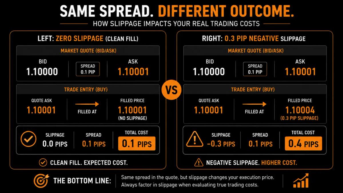 Side-by-side comparison of two forex trades with identical 0.1 pip spreads but different slippage outcomes, showing true cost difference