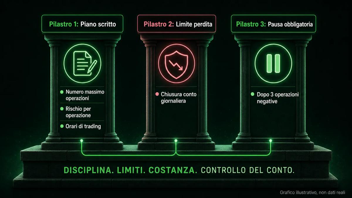 Tre pilastri di controllo dell'overtrading: piano scritto, limite di perdita giornaliera e pausa obbligatoria