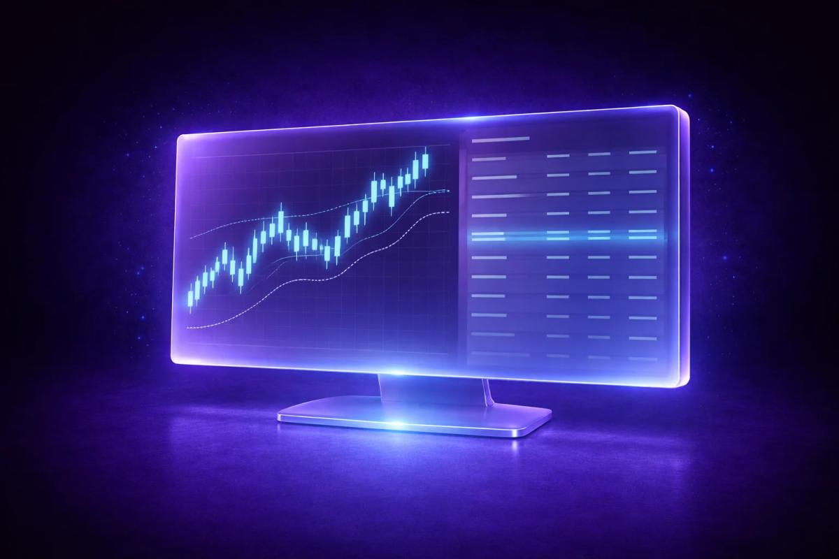 Interfaz de análisis de trading al cierre del día con gráfico de velas y tabla de operaciones