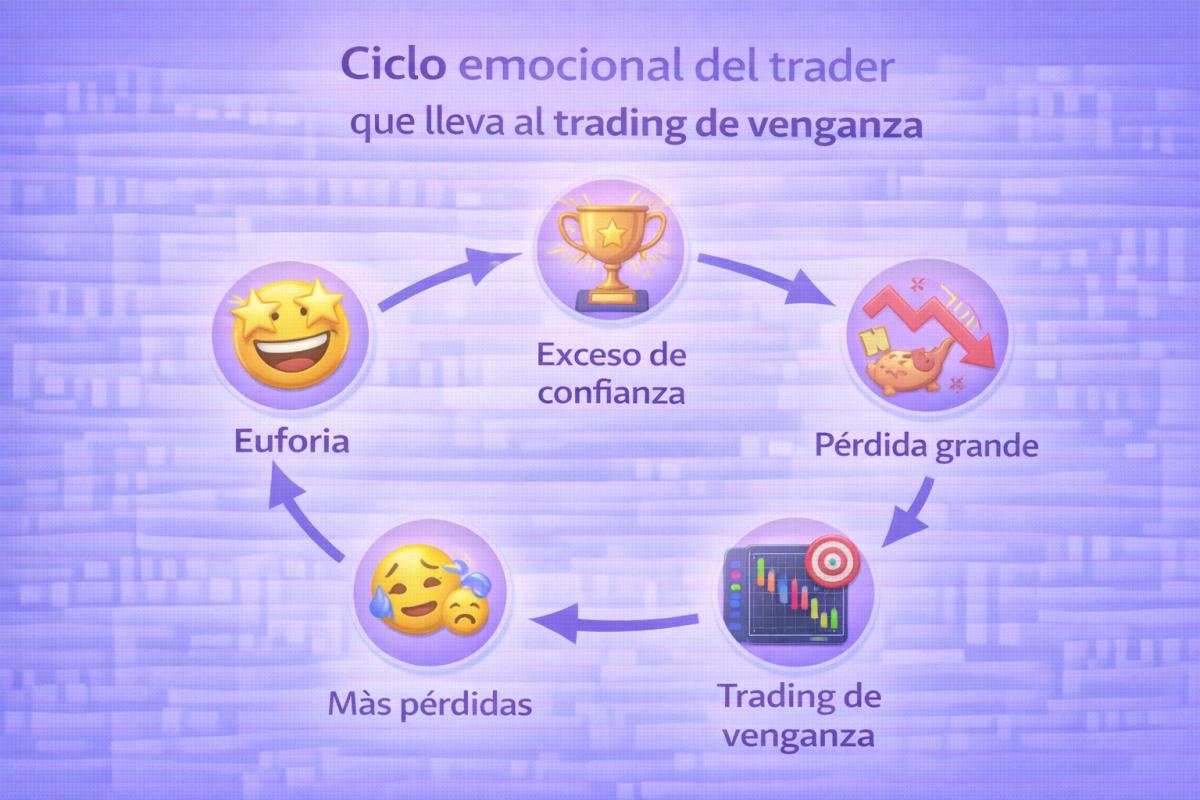 3: Infografía del ciclo emocional del trader: euforia, exceso de confianza, pérdida grande, trading de venganza, más pérdidas