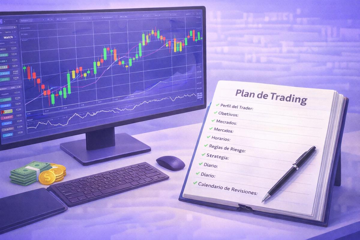 Escritorio de trader con gráficos en pantalla y plan de trading anotado en cuaderno