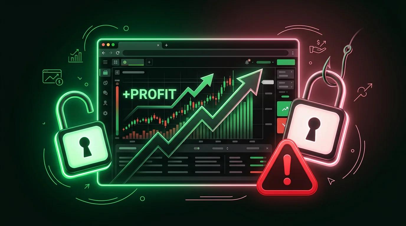 Schermata di una piattaforma di trading contraffatta con grafici e profitti fittizi, accanto a un lucchetto aperto e simboli 