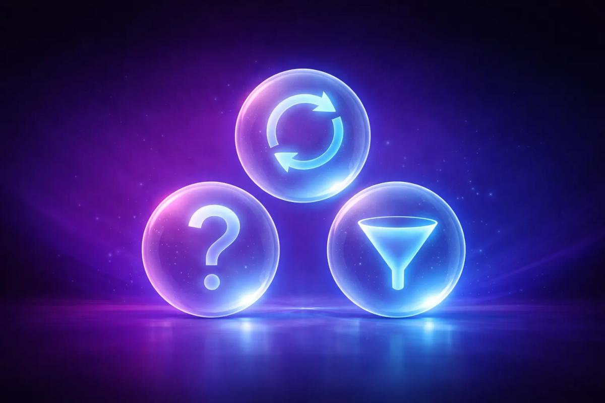 Tres trampas mentales del drawdown representadas como esferas de cristal 3D sobre fondo púrpura azul