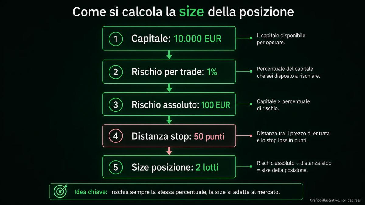 Infografica che mostra il calcolo del dimensionamento della posizione: capitale, percentuale di rischio, distanza stop loss e