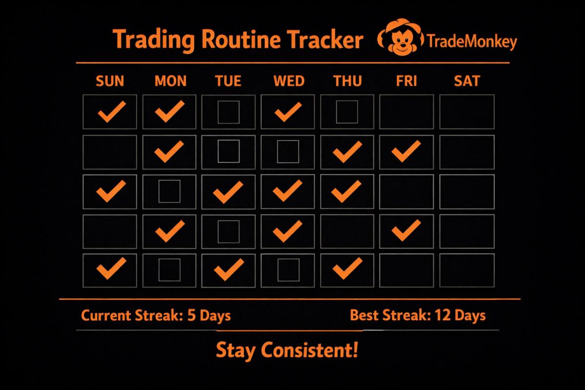 Habit tracking calendar showing a realistic streak of completed trading routine days