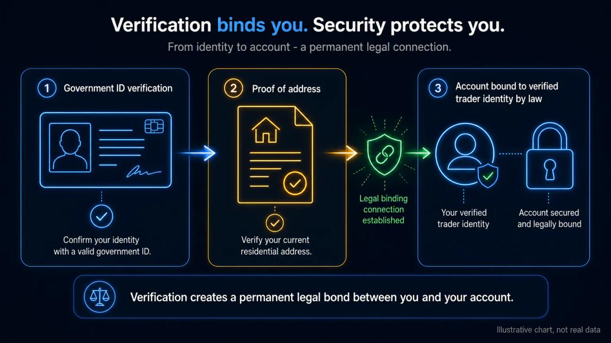 Flowchart showing KYC verification steps: government ID, proof of address, and account binding to trader identity