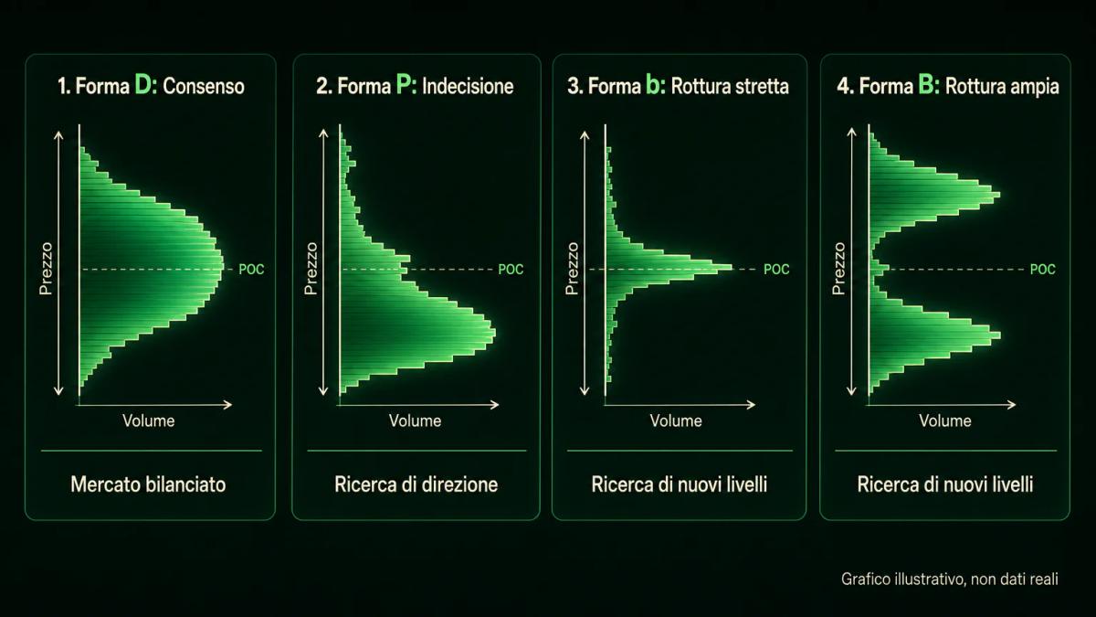 Quattro forme di Volume Profile etichettate D, P, b e B che mostrano diversi pattern di comportamento del mercato