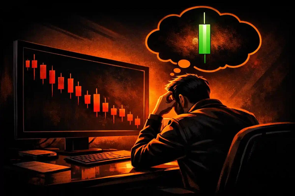 Trader staring at screen with losing trades and thought bubble showing expected winning trade illustrating the gambler's fallacy's fallacy 