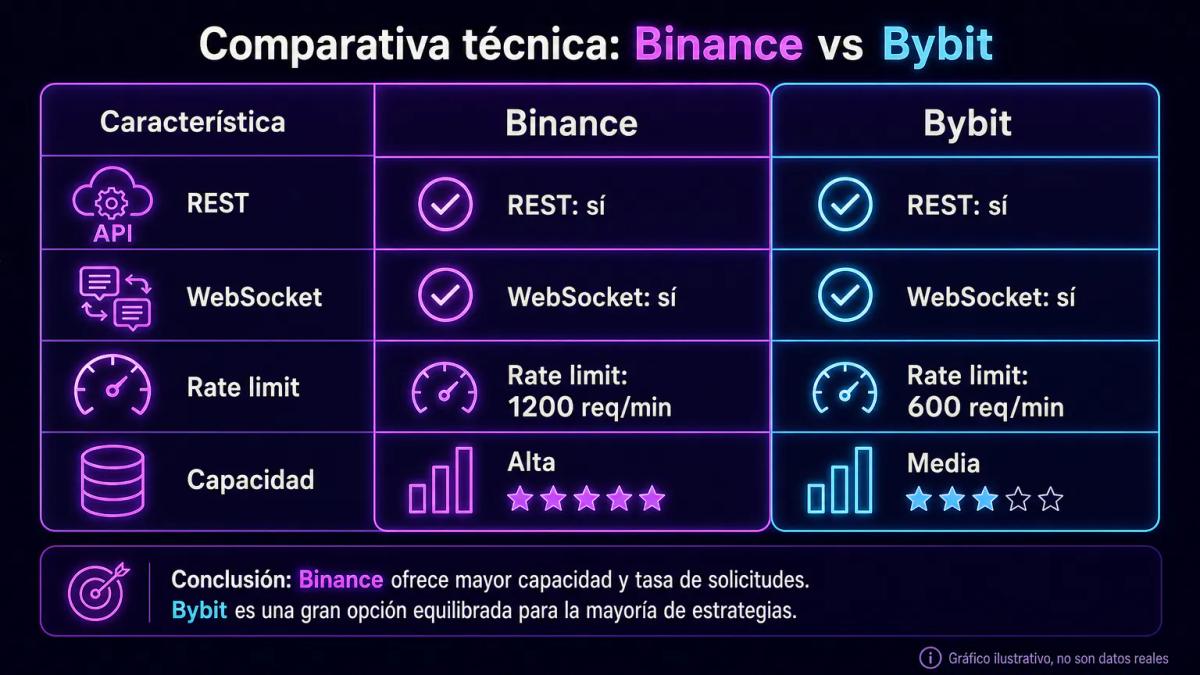 Comparativa de tres exchanges mostrando REST, WebSocket, rate limits y tipos de orden soportados