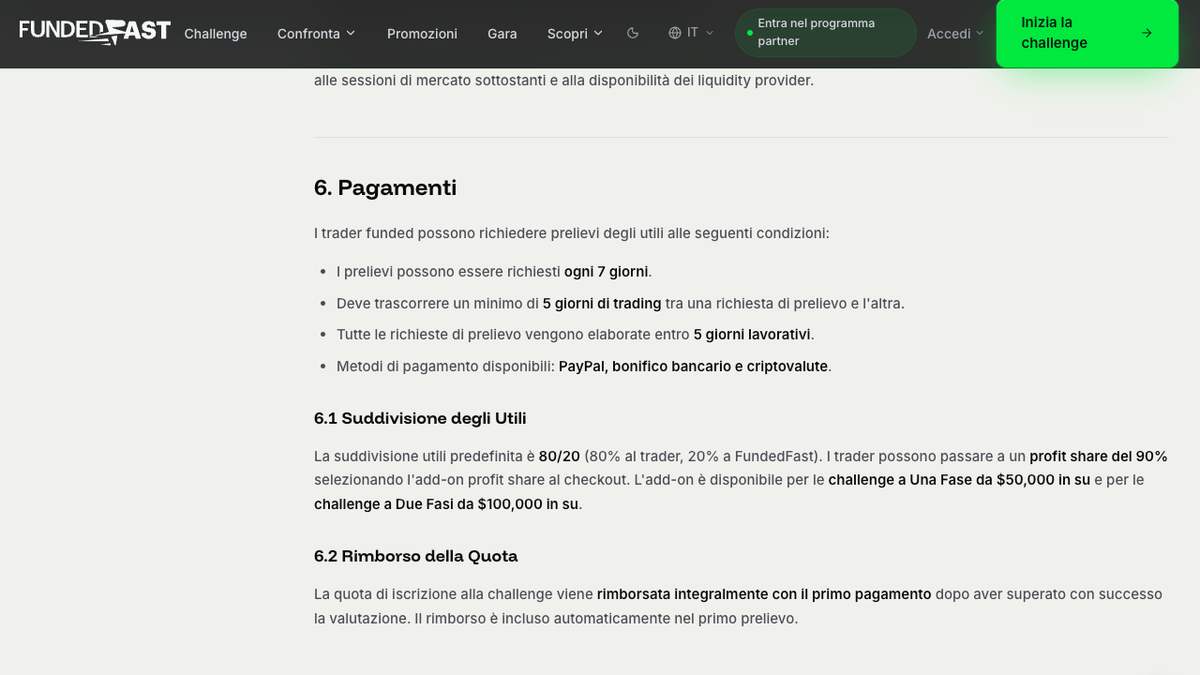 Sezione pagamenti di FundedFast con profit split 80%, payout settimanali e soglia minima 50 $