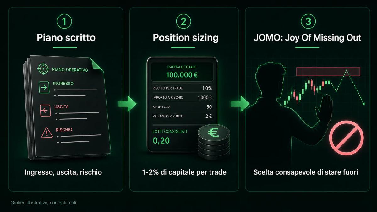 Tabella editoriale che confronta tre livelli di controllo del FOMO: piano scritto, position sizing e JOMO