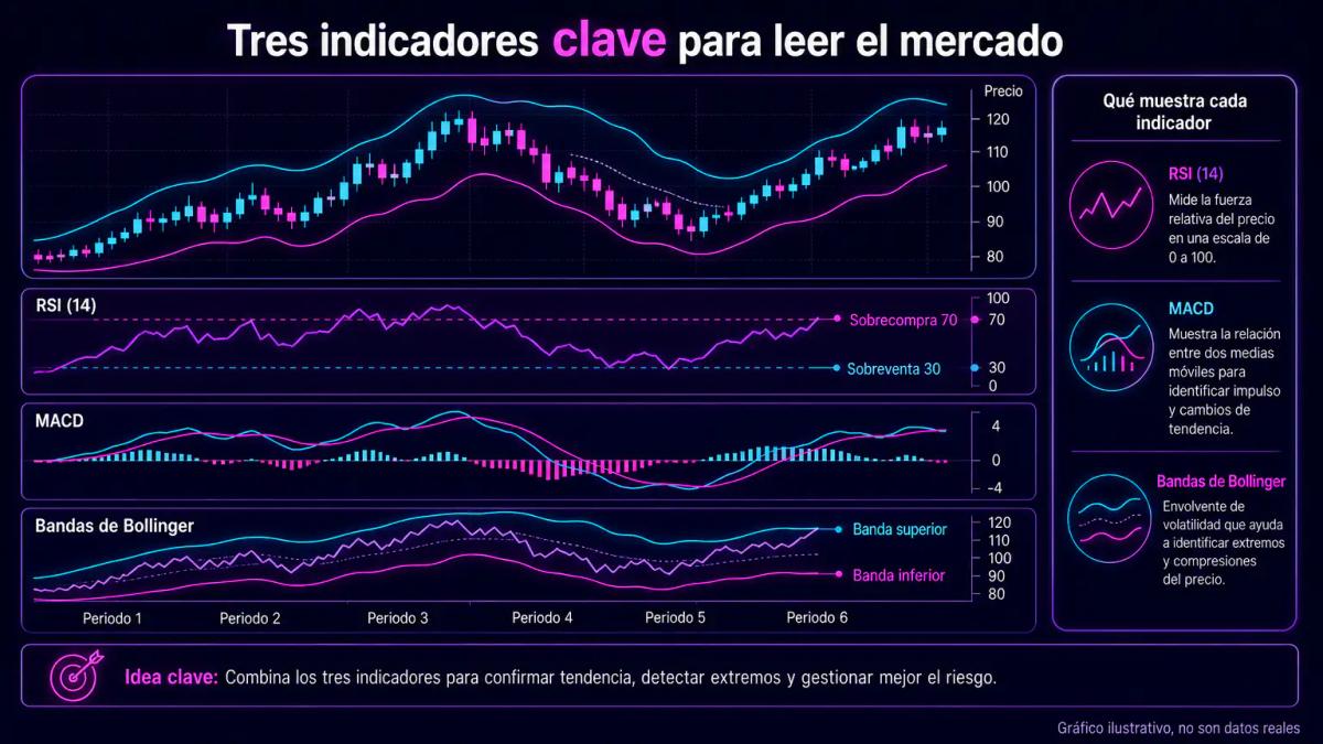 Gráfico editorial mostrando RSI, MACD y bandas de Bollinger superpuestos en un panel de precio comprimido