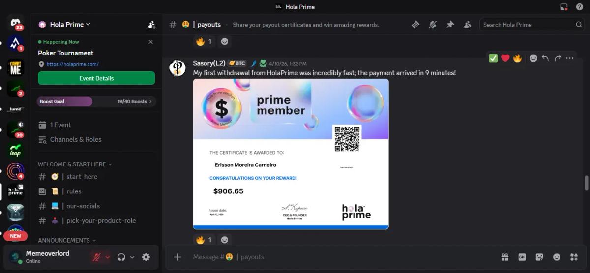 Comunidad activa en el Discord oficial de Hola Prime con traders compartiendo evidencia de pagos recibidos