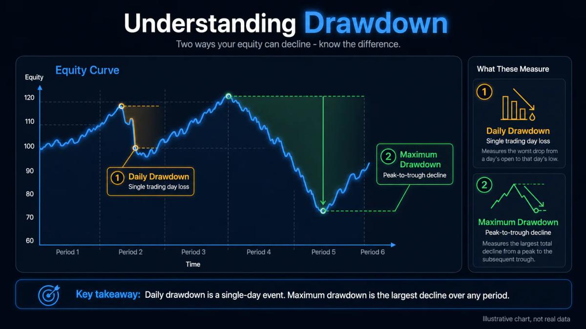 Daily and maximum drawdown limits shown as two overlapping zones on an equity curve