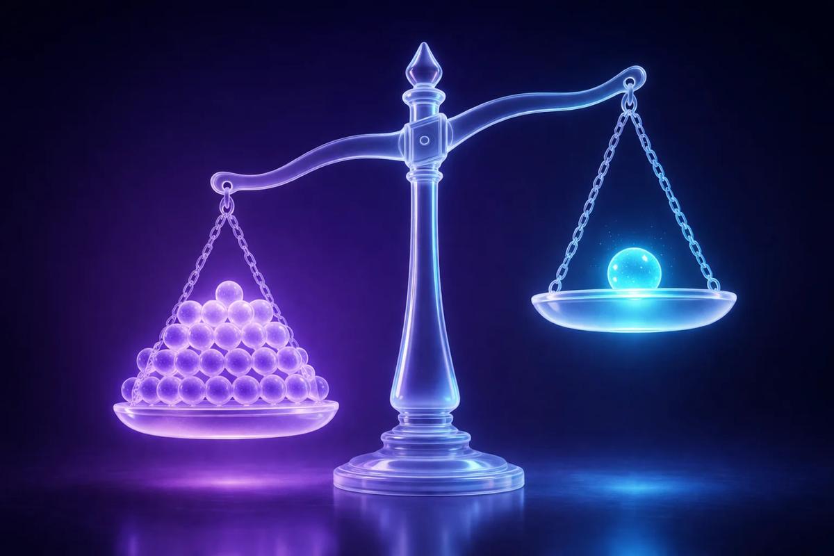 Balanza 3D glassmorphism que representa el contraste entre seguir al mercado y operar con criterio independiente en trading