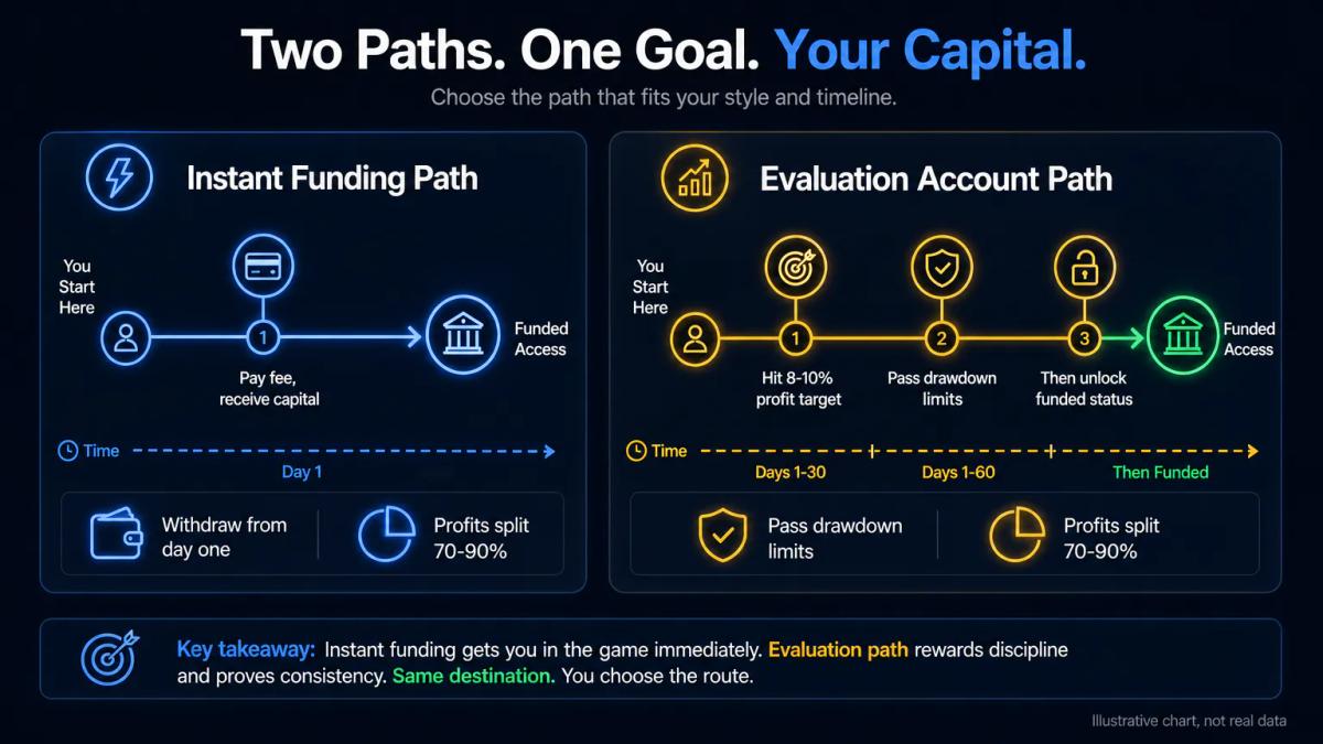 Two parallel account paths: left path shows fast track with immediate capital, right path shows evaluation hurdles before fun
