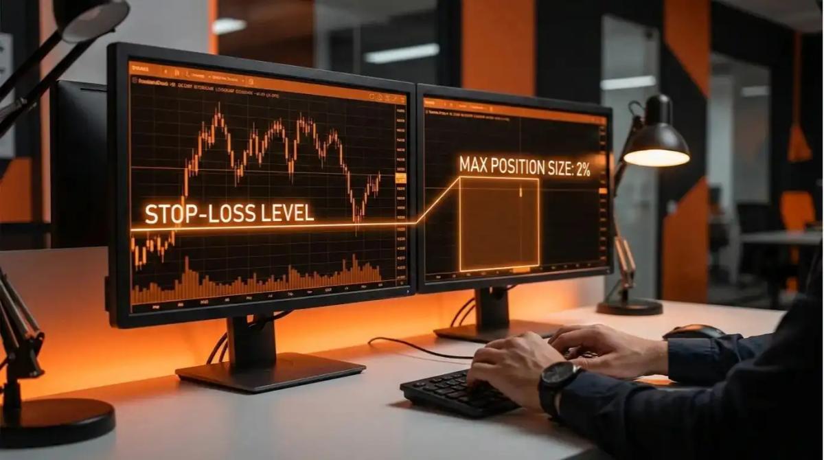 Trader analyzing charts with risk management parameters displayed v2