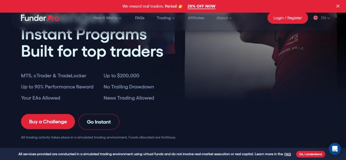 FunderPro homepage showing prop trading firm value proposition and challenge options