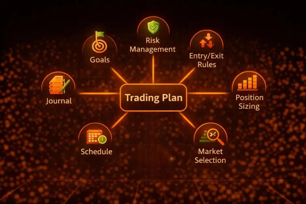 Diagram showing seven key components of a trading plan