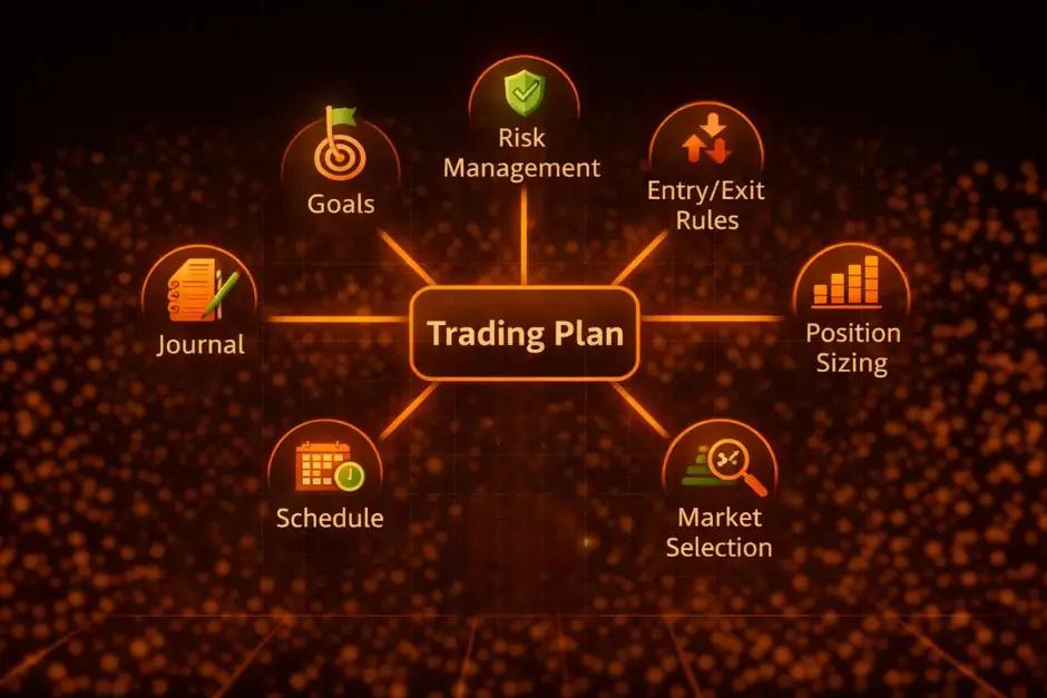 Diagram showing seven key components of a trading plan