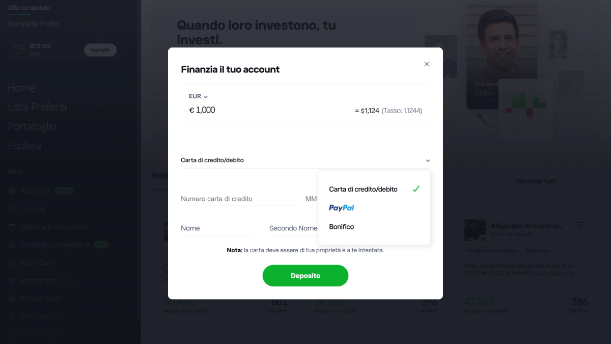 Guida eToro su metodi di deposito in Italia e commissione di prelievo 5 $