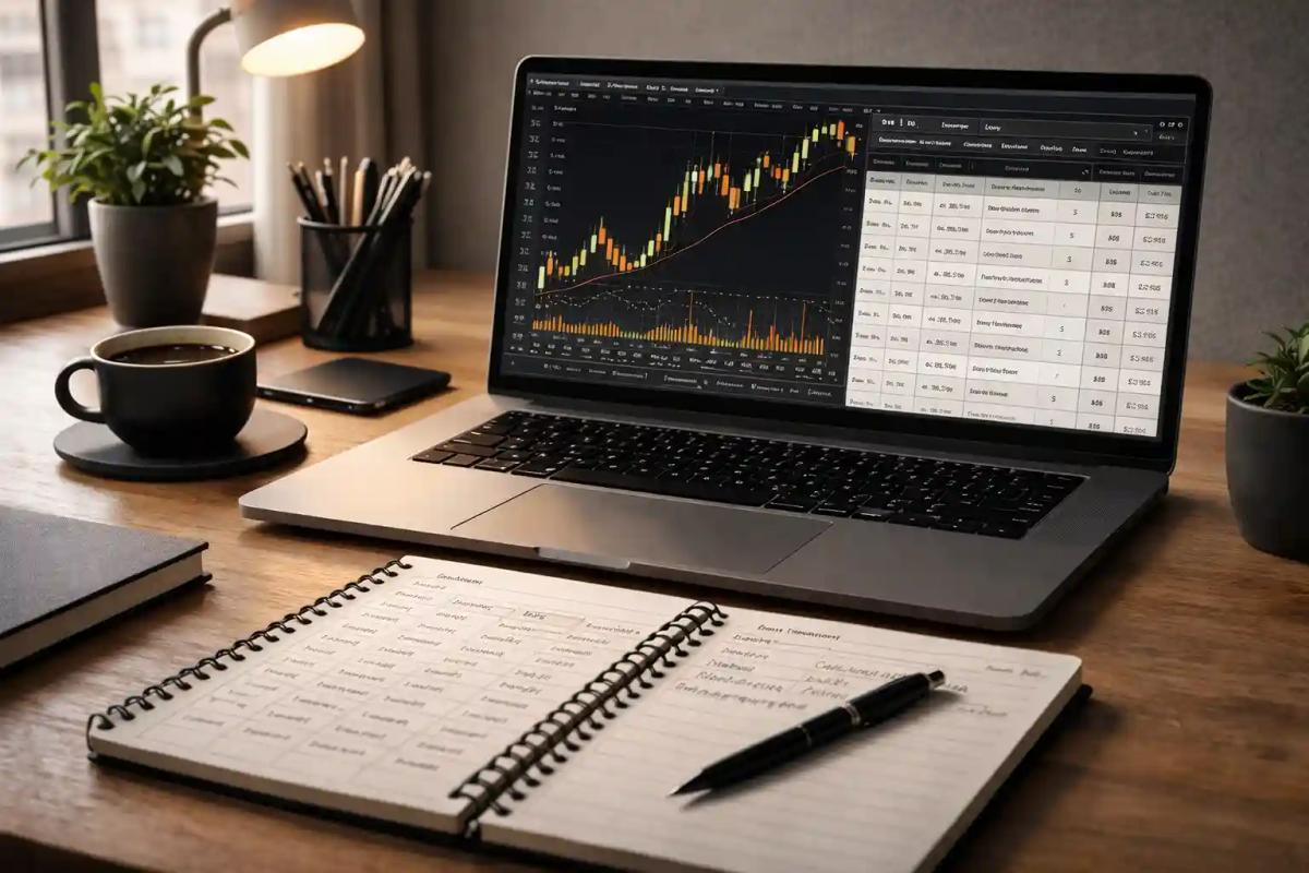 Modern trading workspace with laptop displaying a price chart next to an open trading journal