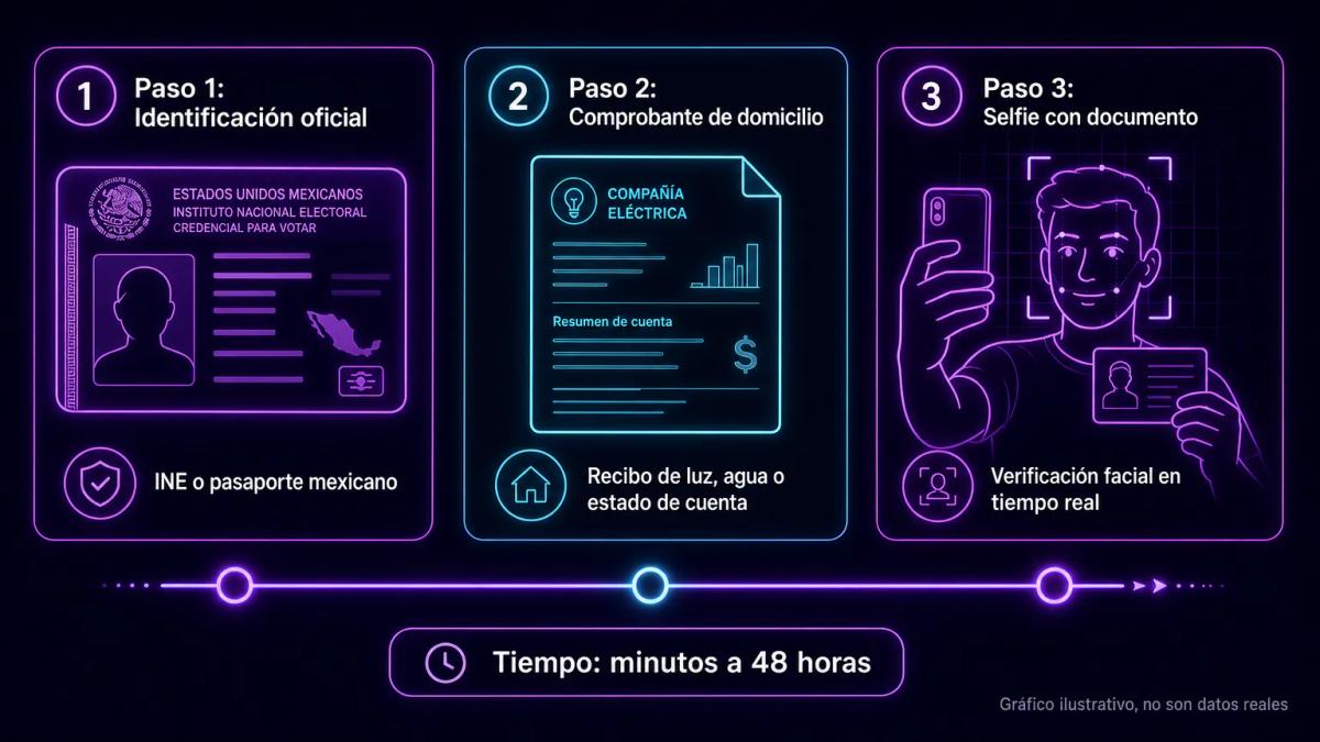 Checklist de tres documentos requeridos para KYC: identificación oficial, comprobante de domicilio y selfie con documento
