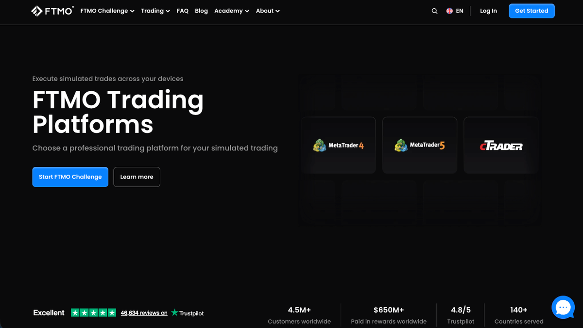 Pagina condizioni di trading FTMO con piattaforme MT4, MT5, cTrader