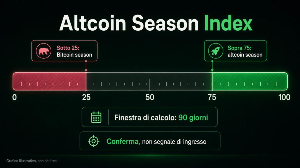 L'Altcoin Season Index da 0 a 100 con la soglia di altseason a 75 e quella di Bitcoin season a 25