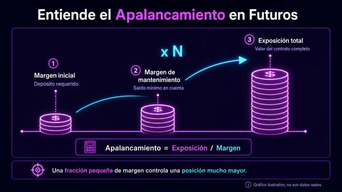 Tres bloques de monedas en escala creciente: margen inicial, margen de mantenimiento y exposición total del contrato