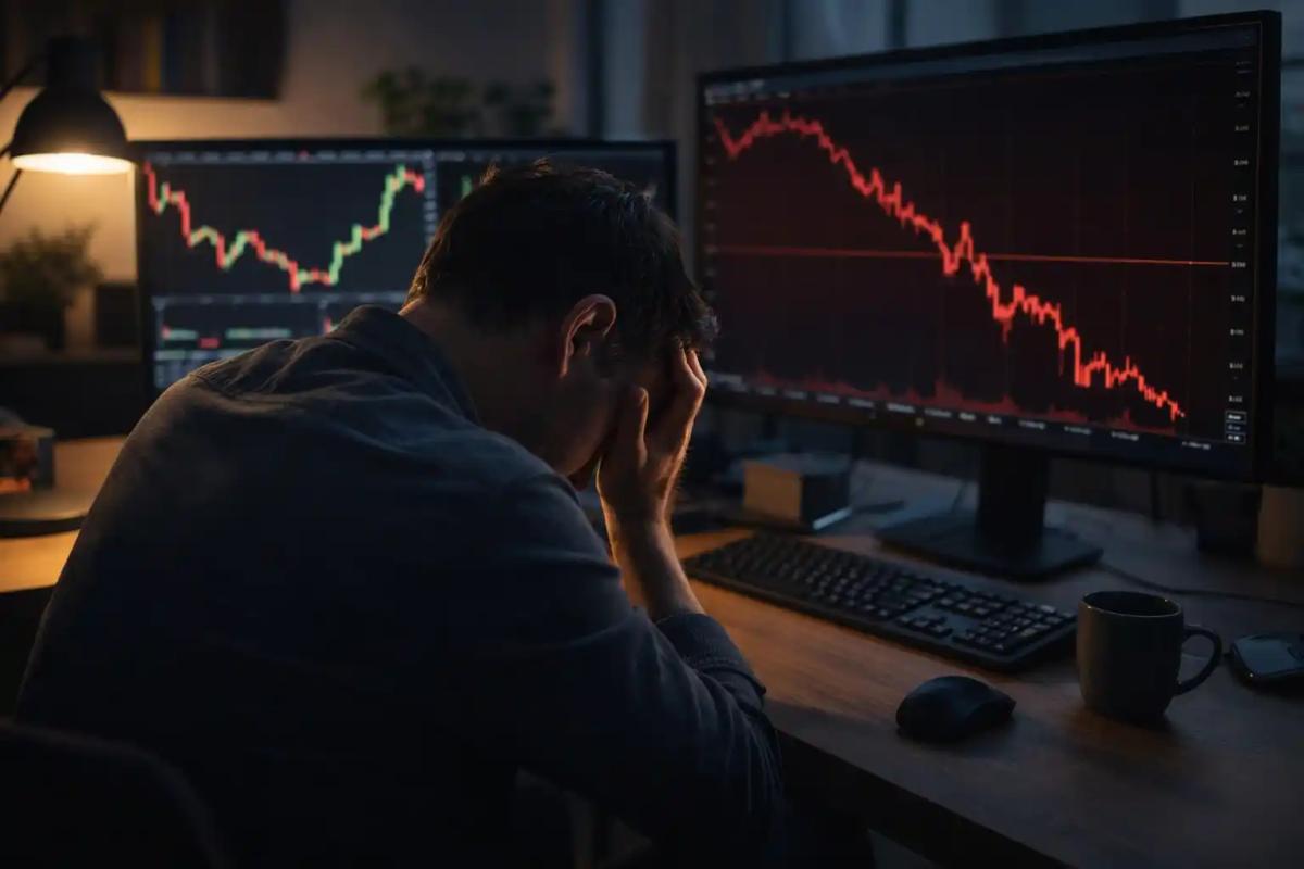 Trader processing a loss at a modern desk with declining charts on multiple screens