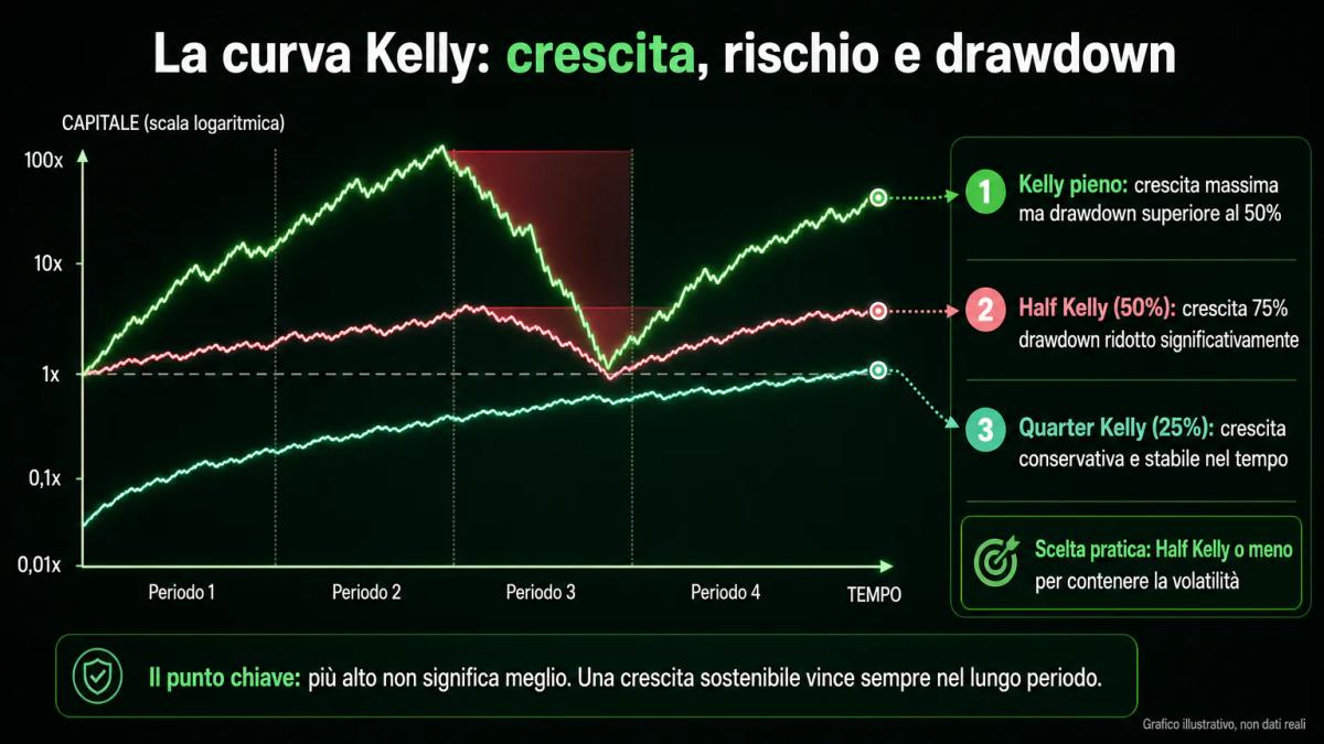 Confronto di tre curve di crescita: Kelly pieno con volatilità estrema, Half Kelly stabile, Quarter Kelly conservativo