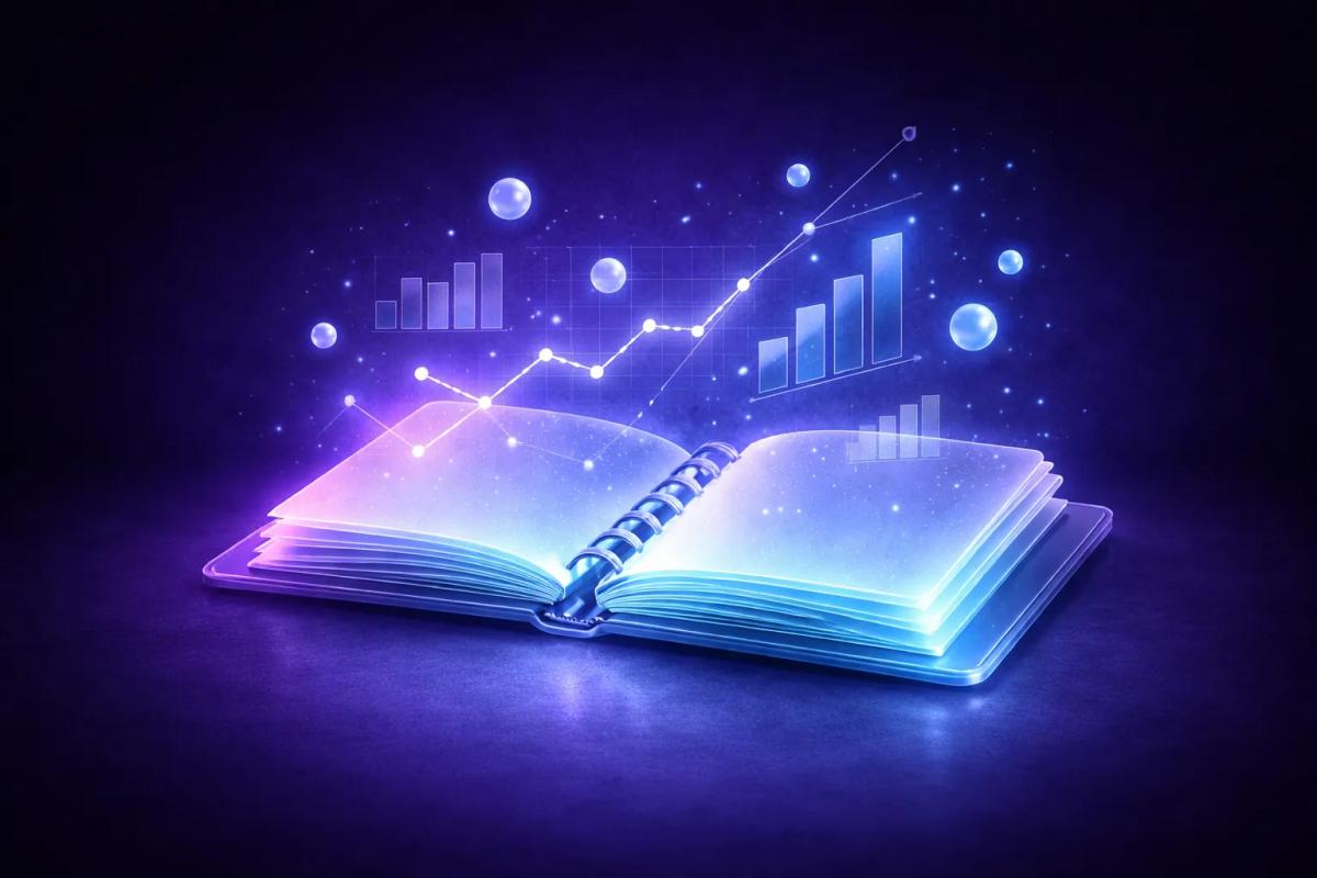 Libro abierto 3D con páginas translúcidas y elementos de datos flotantes sobre fondo azul oscuro