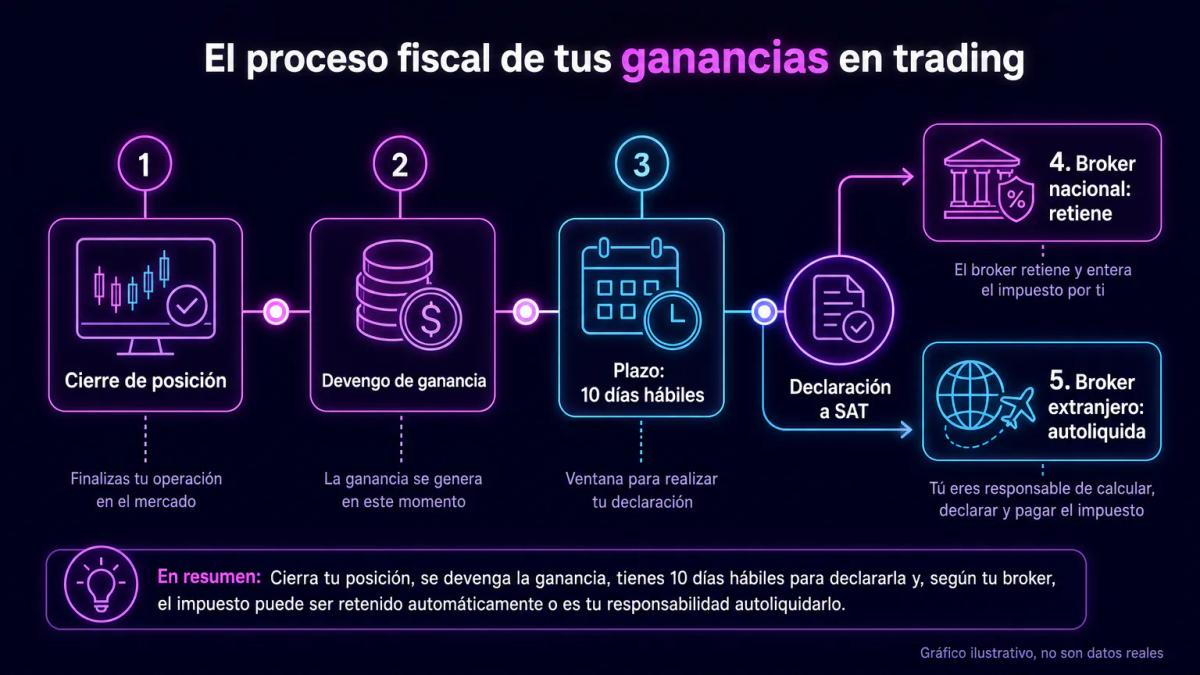 Calendario de plazos fiscales: devengo de ganancia, declaración en 10 días hábiles, retención en origen según broker nacional