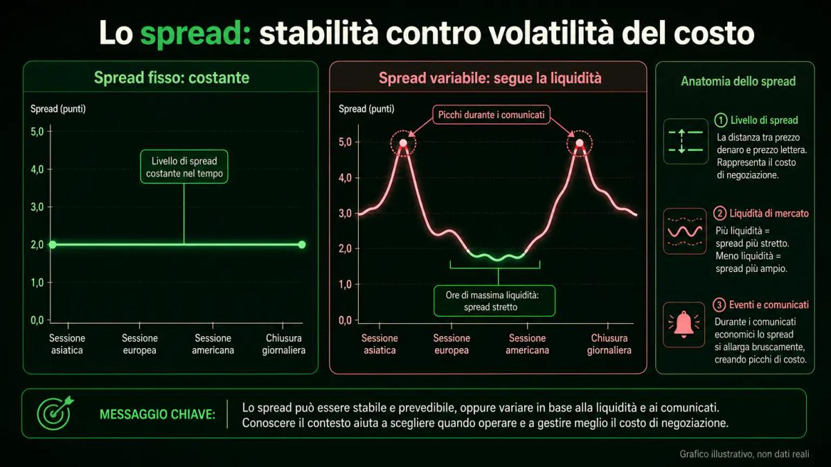 Confronto visivo tra spread fisso costante e spread variabile che si allarga e restringe con la liquidità