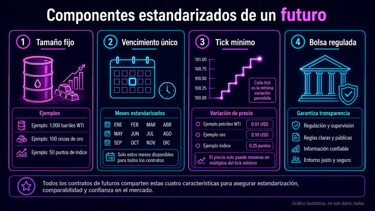 Tabla comparativa de especificaciones de contratos de futuros: tamaño, vencimiento, tick y bolsa regulada