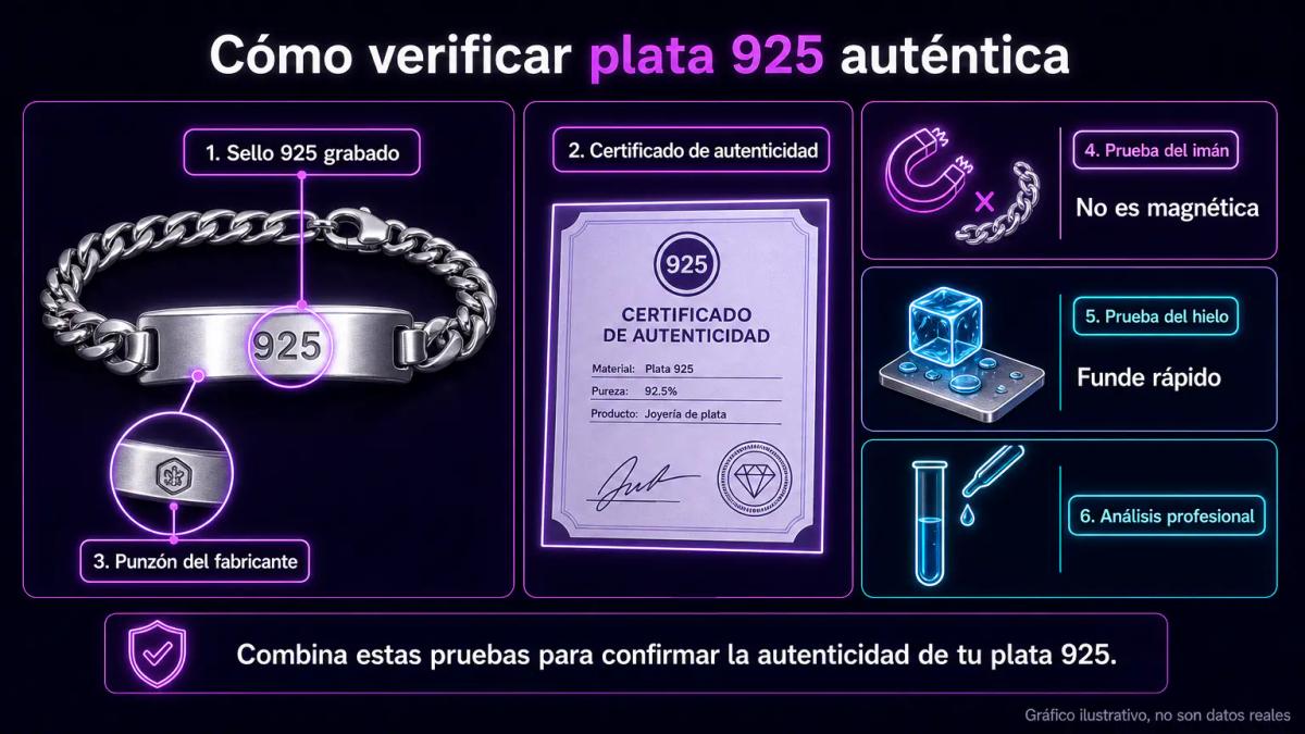 Pieza de plata 925 con sello grabado, certificado de autenticidad y pruebas de verificación como imán y conductividad térmica
