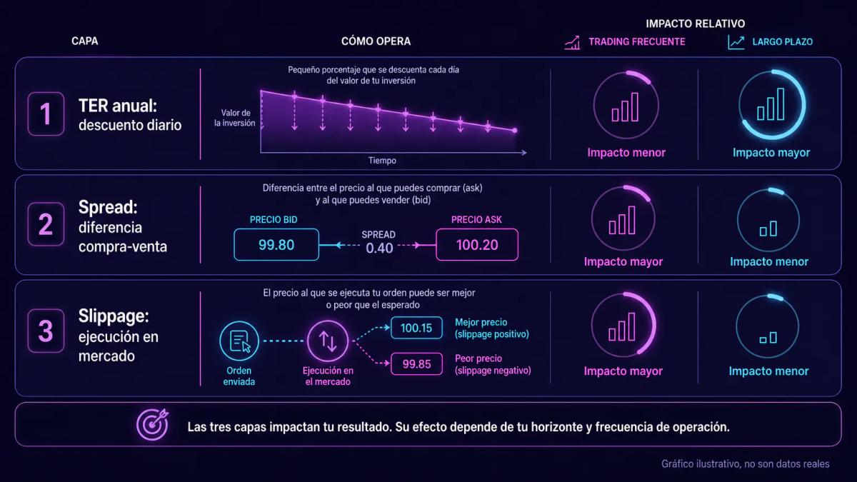 Tabla de tres capas de costes en ETF: TER anual, spread de compra-venta y slippage según horizonte de inversión