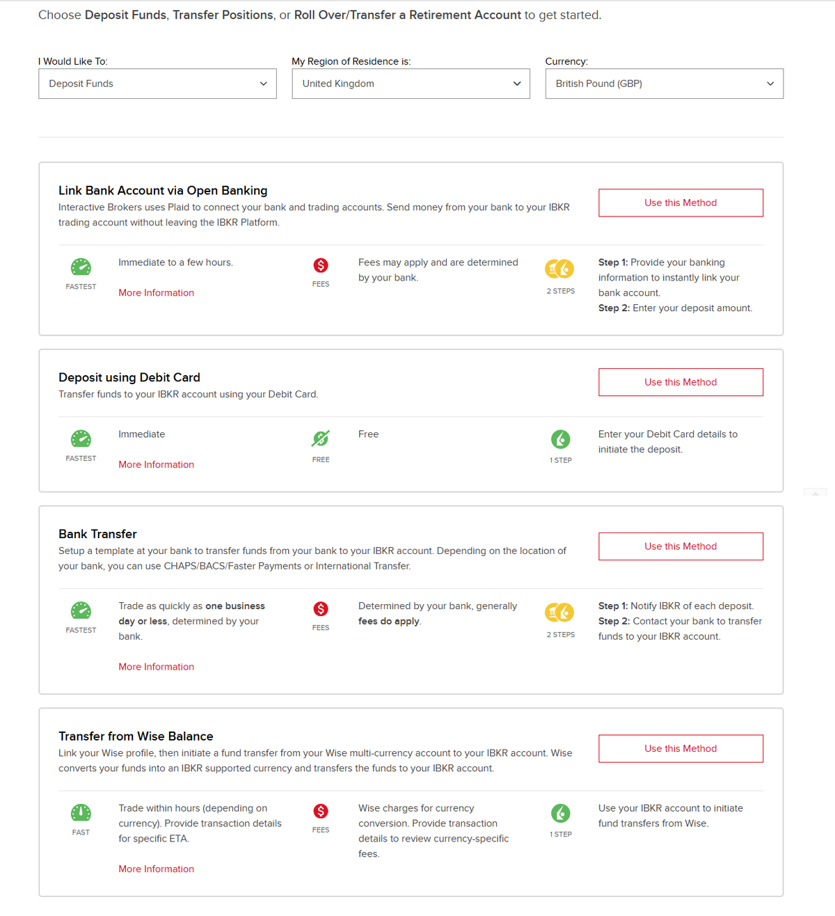 Funding methods for UK accounts showing GBP deposit and withdrawal options