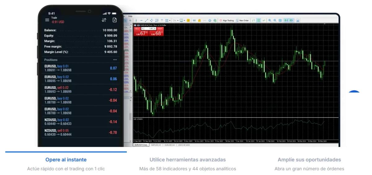 Plataforma MetaTrader 5 en XM con gráfico EUR/USD y herramientas de análisis técnico