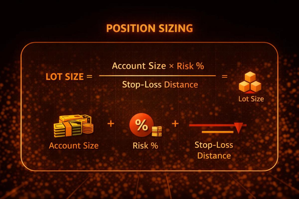 Position sizing calculation infographic for trading risk management