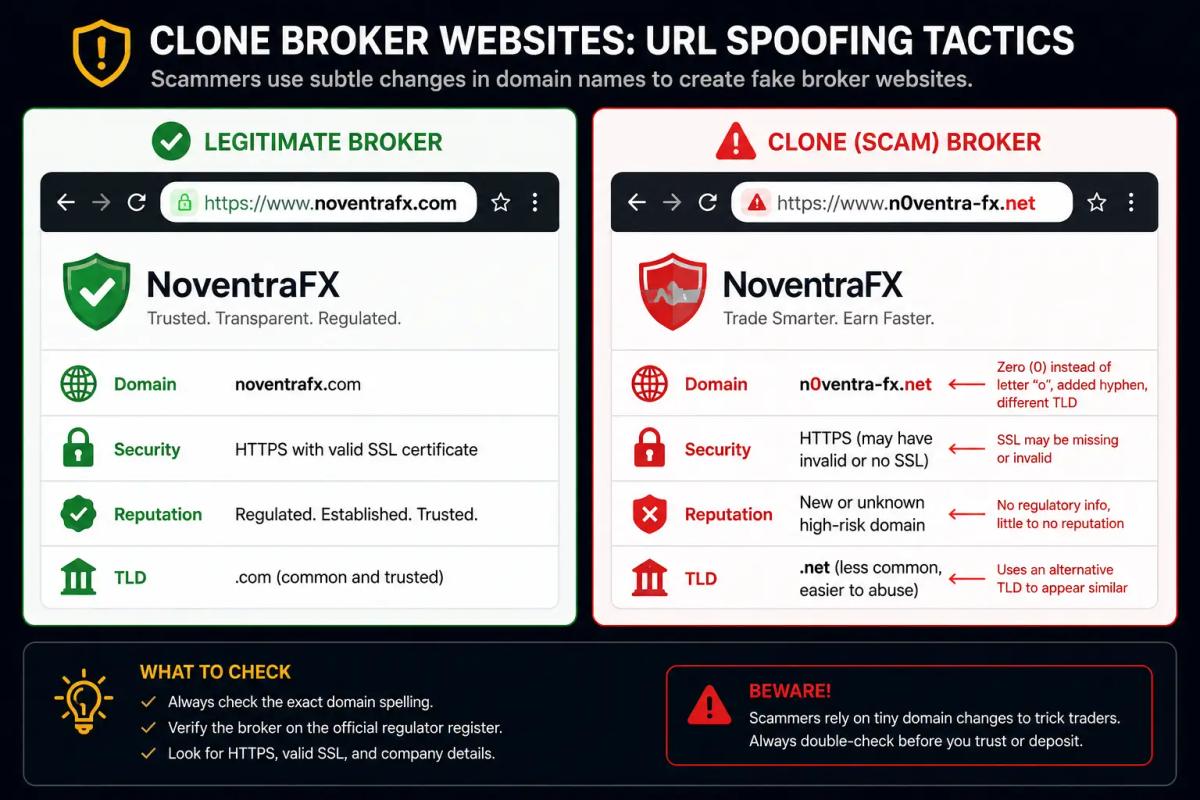 Clone broker website URL comparison showing domain spoofing tactics used in forex scams