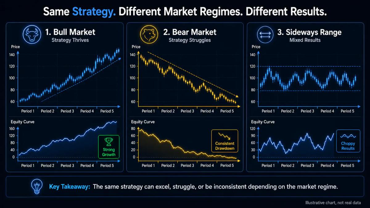 Three separate price charts showing the same strategy tested in bull, bear, and sideways market regimes