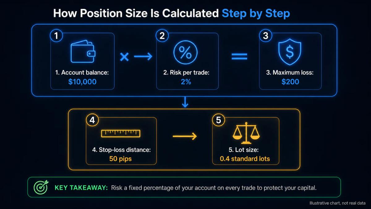 Account balance with position size calculation showing 2 percent maximum loss highlighted