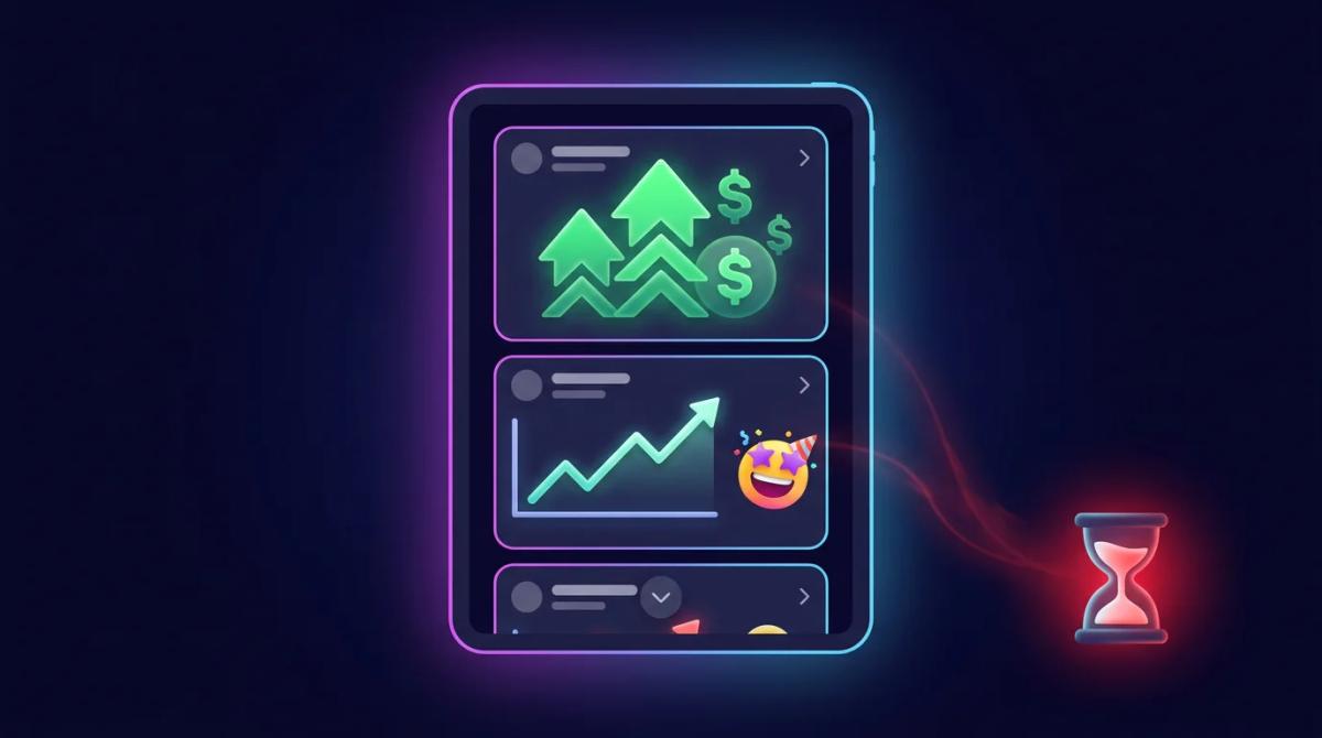 Pantalla de red social con capturas de ganancias de traders, mientras se atenúan las pérdidas y se resalta el FOMO en la esqu
